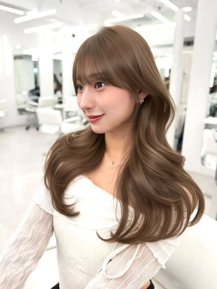 ロング カラー ベージュカラー オリーブベージュ 顔まわりレイヤー ハイレイヤー 韓国風ヘア カット ヘアカラー トリートメント ヘアセット 透明感カラー✨🩵 韓国ヘアkanatoのヘアスタイル