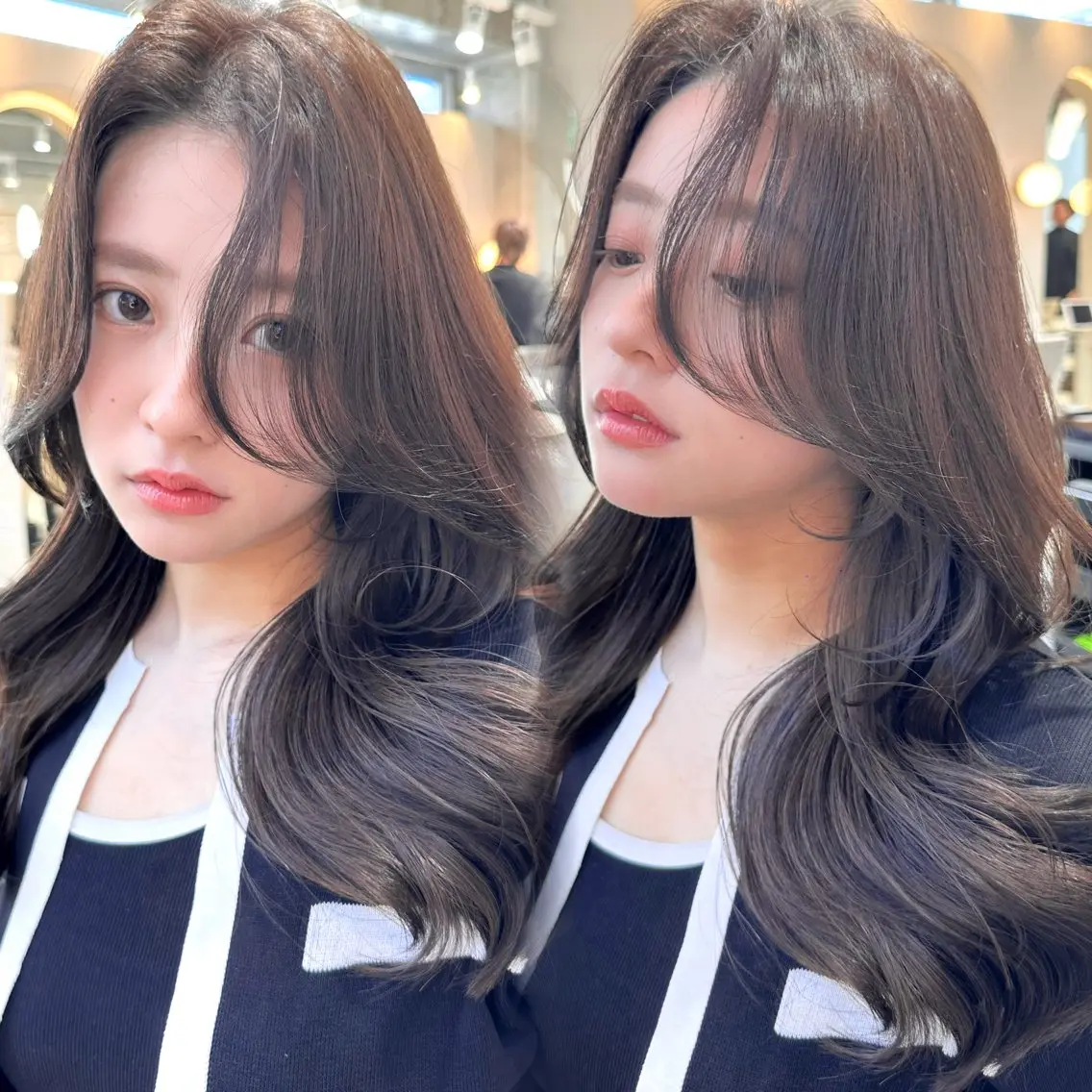 セミロング ケアカラー ピンクブラウン くびれヘア ハイレイヤー 髪質改善 カット ヘアカラー トリートメント ヘアセット 新宿/韓国レイヤー 髪質改善カラー/角所のヘアスタイル
