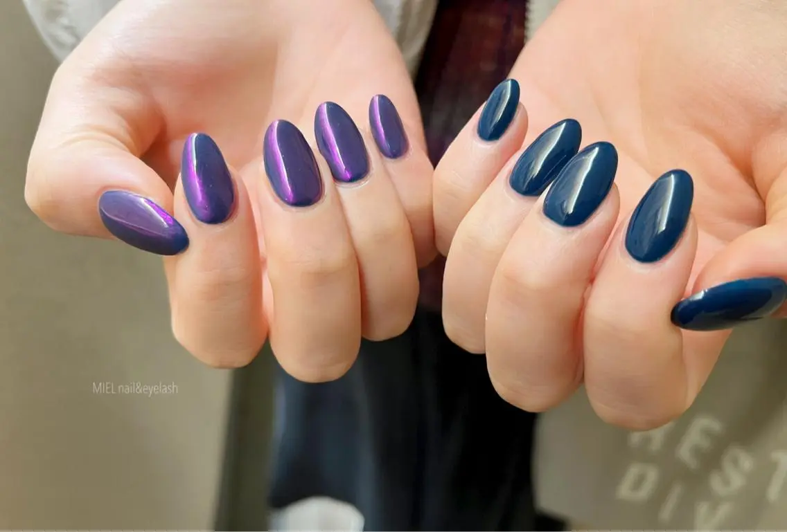 ネイル オーロラネイル ネイビー ワンカラーネイル ハンドネイル nail salon monailのネイルデザイン