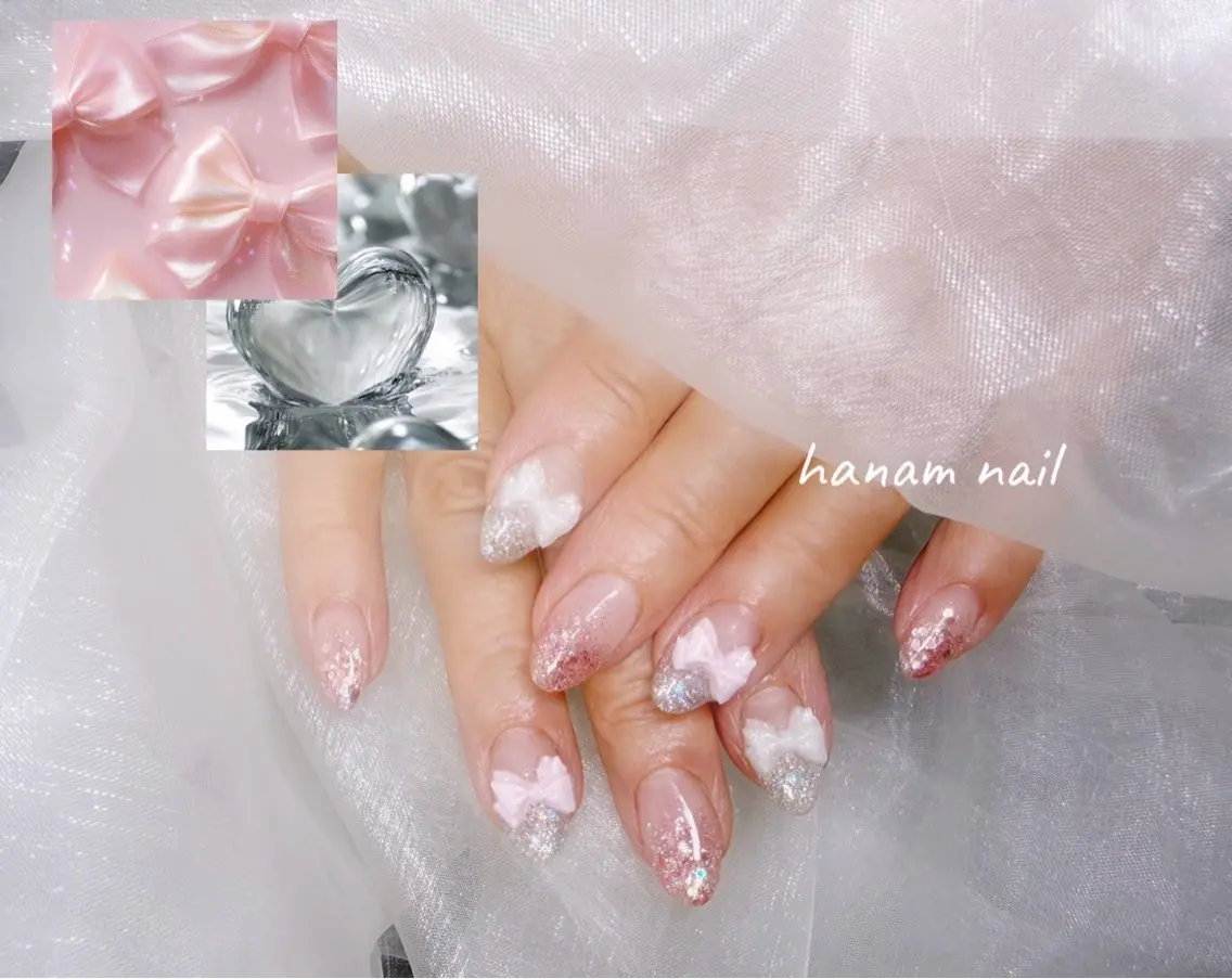 ネイル グラデーション リボン ハンドネイル hanam nail 🌿🩵ハナムネイルのネイルデザイン