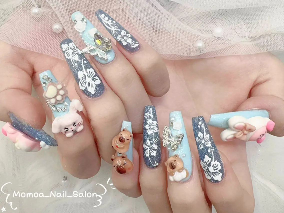 ネイル 成人式 ロングネイル マグネットネイル 大理石ネイル(マーブル) リボン ハンドネイル MoMoA Nail ネイル長さ出し専門店のネイルデザイン