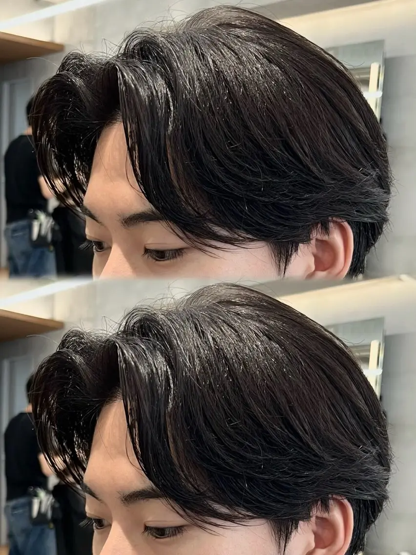 パーマ メンズ カット 縮毛矯正 ヘアセット 圧倒的 毛流れ センターパートのヘアスタイル