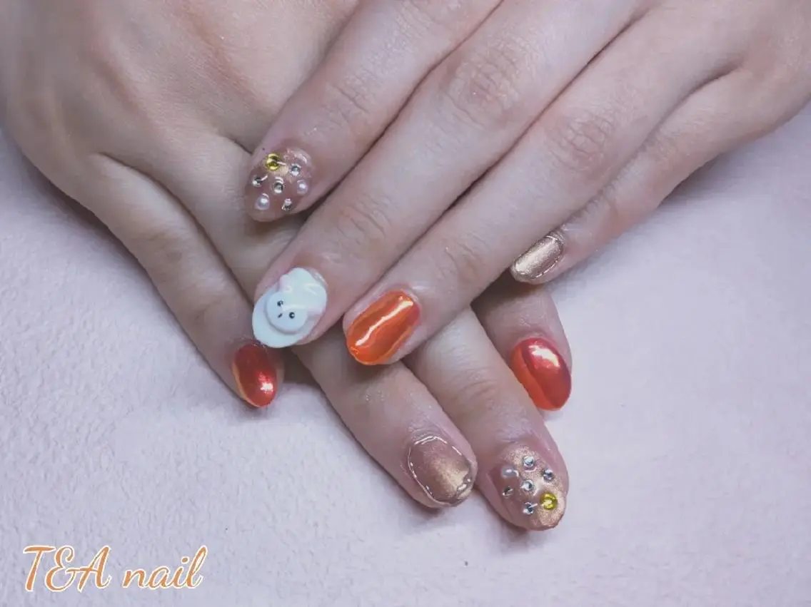 ミディアム ネイル ジェルネイル ニュアンスネイル オレンジ スカルプネイル T&A nailのネイルデザイン