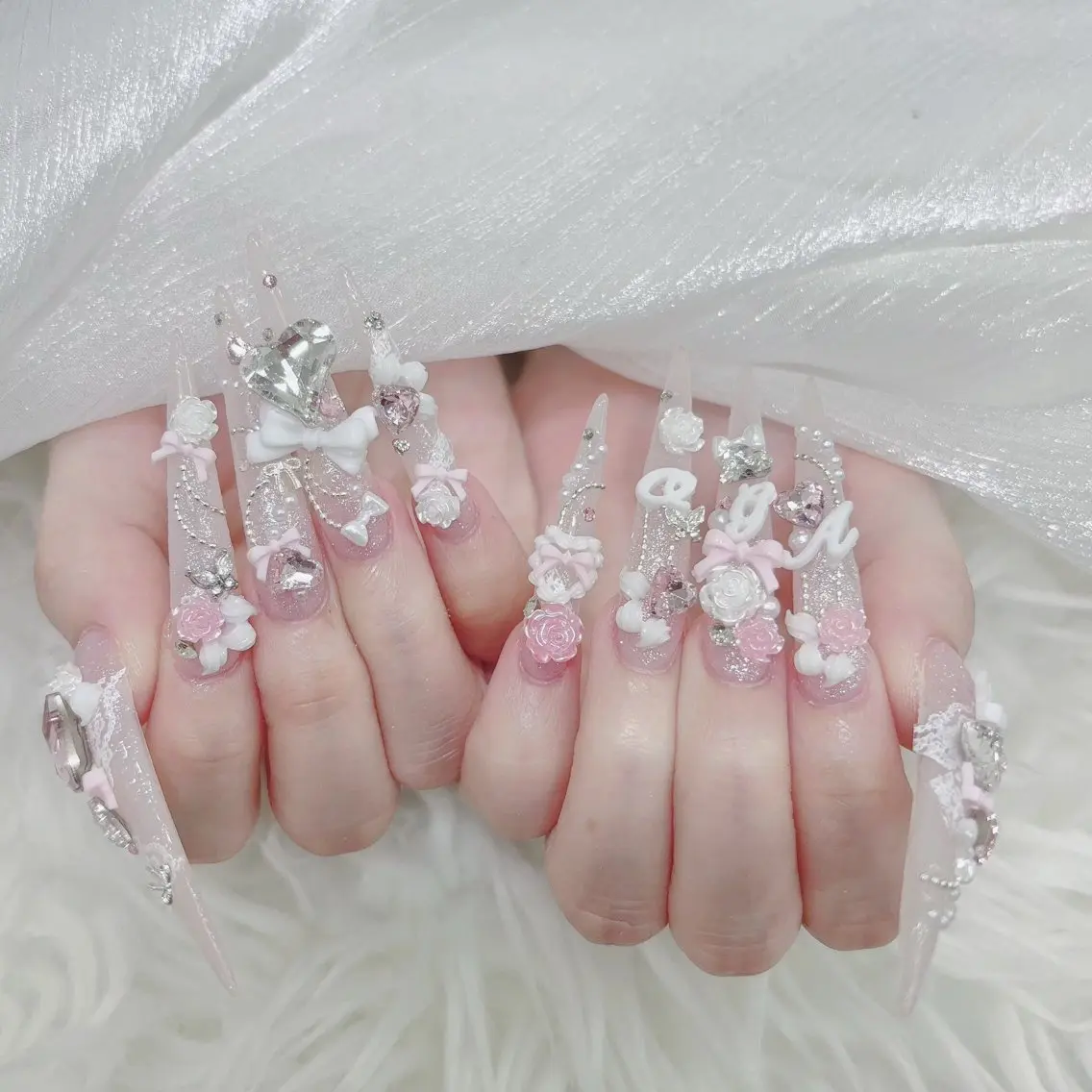 ネイル 成人式 マグネットネイル 大理石ネイル(マーブル) リボン 夏ネイル ハンドネイル MoMoA Nail ネイル長さ出し専門店のネイルデザイン