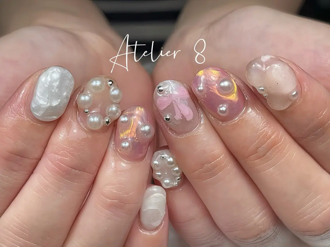 ネイル アートネイル ガーリー キラキラネイル 韓国ネイル ロングネイル ハンドネイル Atelier 8 神戸新開地のネイルデザイン