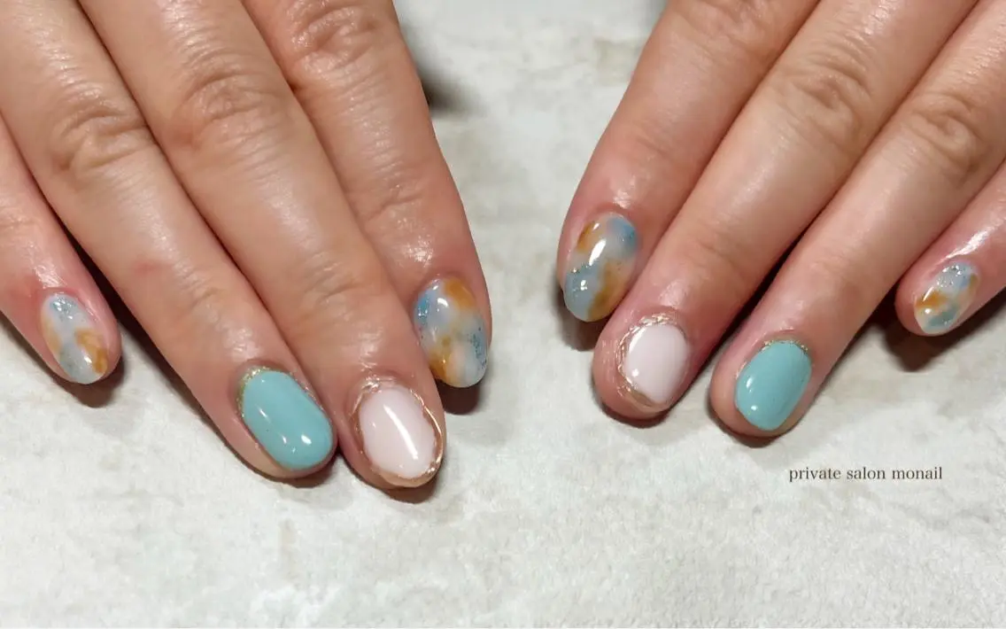 ネイル 水色 ハンドネイル nail salon monailのネイルデザイン