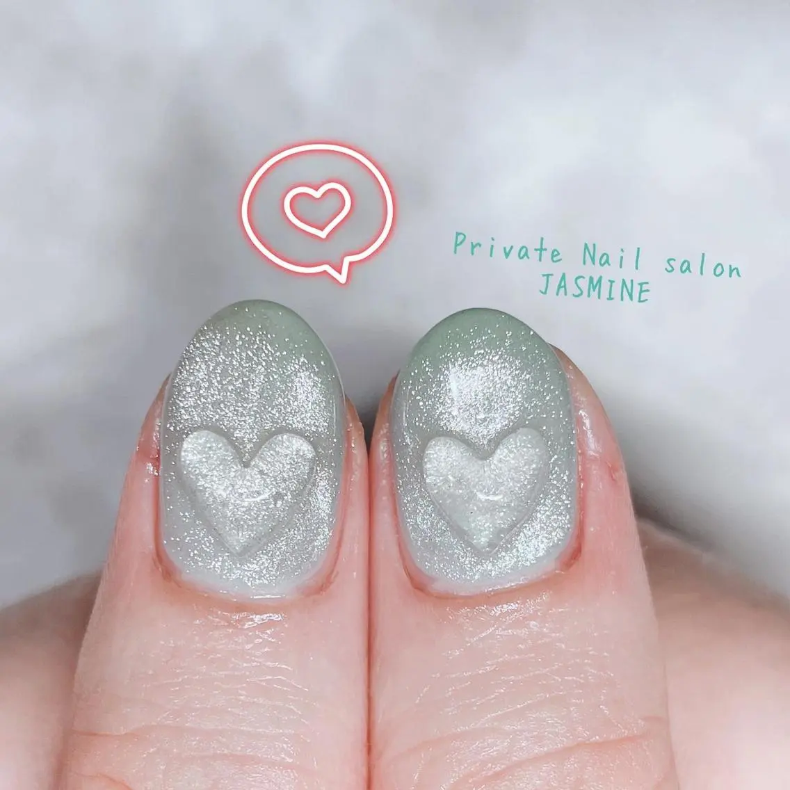 ネイル グリーン ハート マグネットネイル ぷっくりネイル ハンドネイル Nail salon JASMINEのネイルデザイン