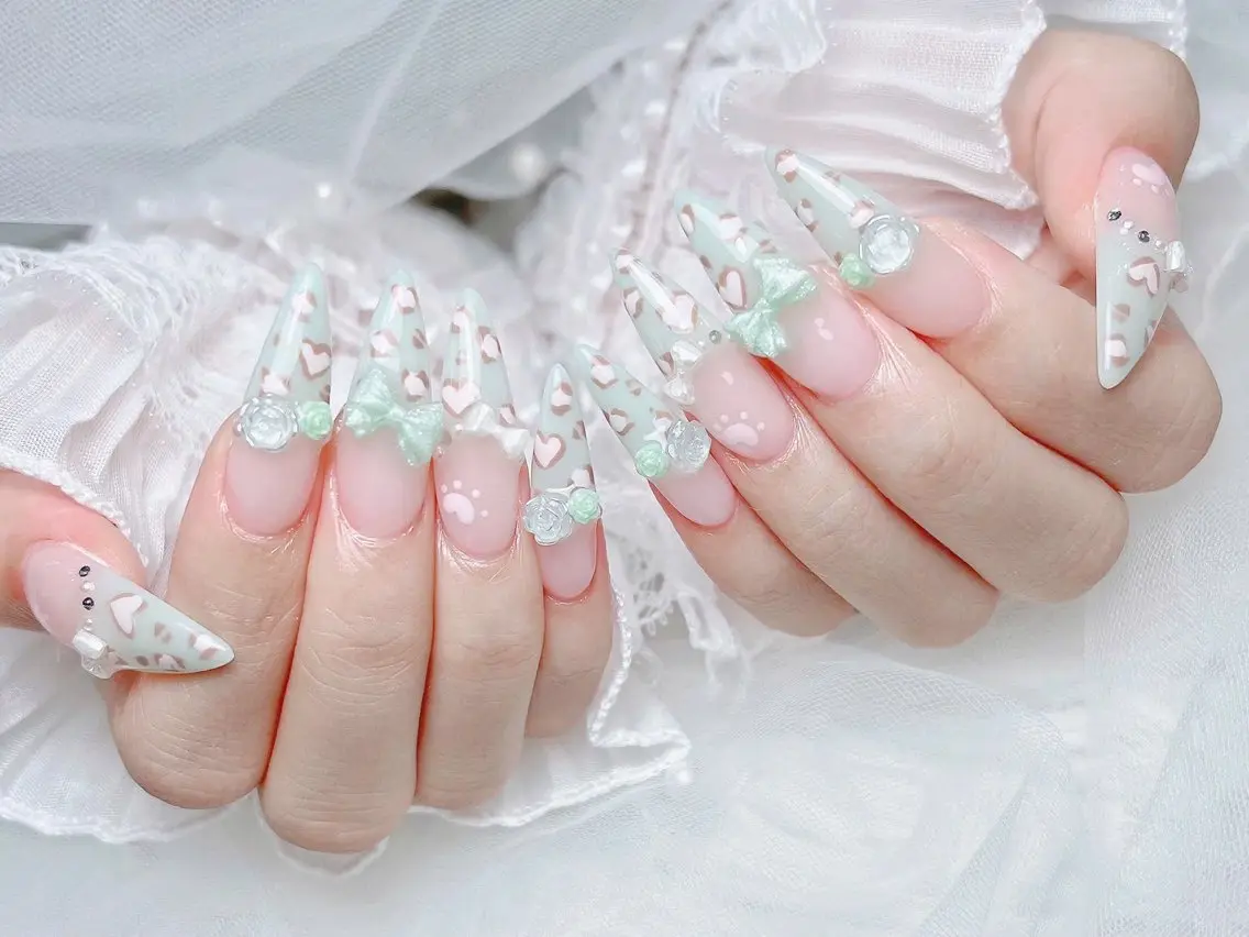 ネイル ガーリー ハート 韓国ネイル ニュアンスネイル リボン ハンドネイル Sora nail 長さ出し専門店のネイルデザイン