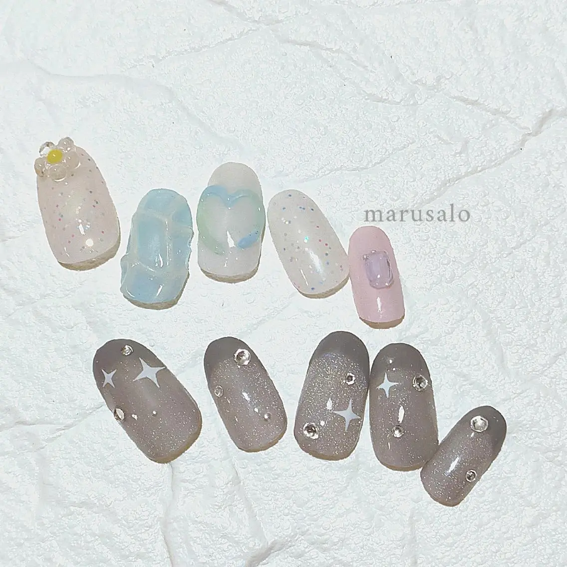ネイル アートネイル ハート キラキラネイル マグネットネイル パステルネイル marusalo nailのネイルデザイン