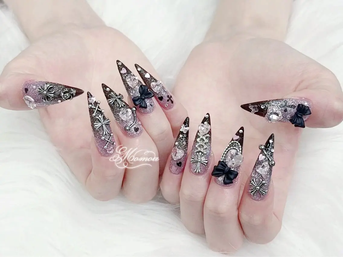 ネイル 成人式 大理石ネイル(マーブル) リボン 夏ネイル ネイルチップ ハンドネイル MoMoA Nail ネイル長さ出し専門店のネイルデザイン