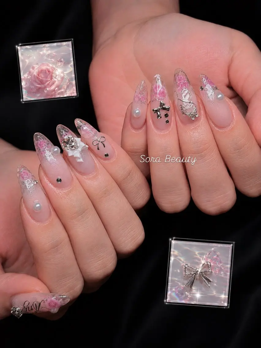 ネイル アートネイル クリアネイル ガーリー 韓国ネイル ロングネイル Sora NAILのネイルデザイン