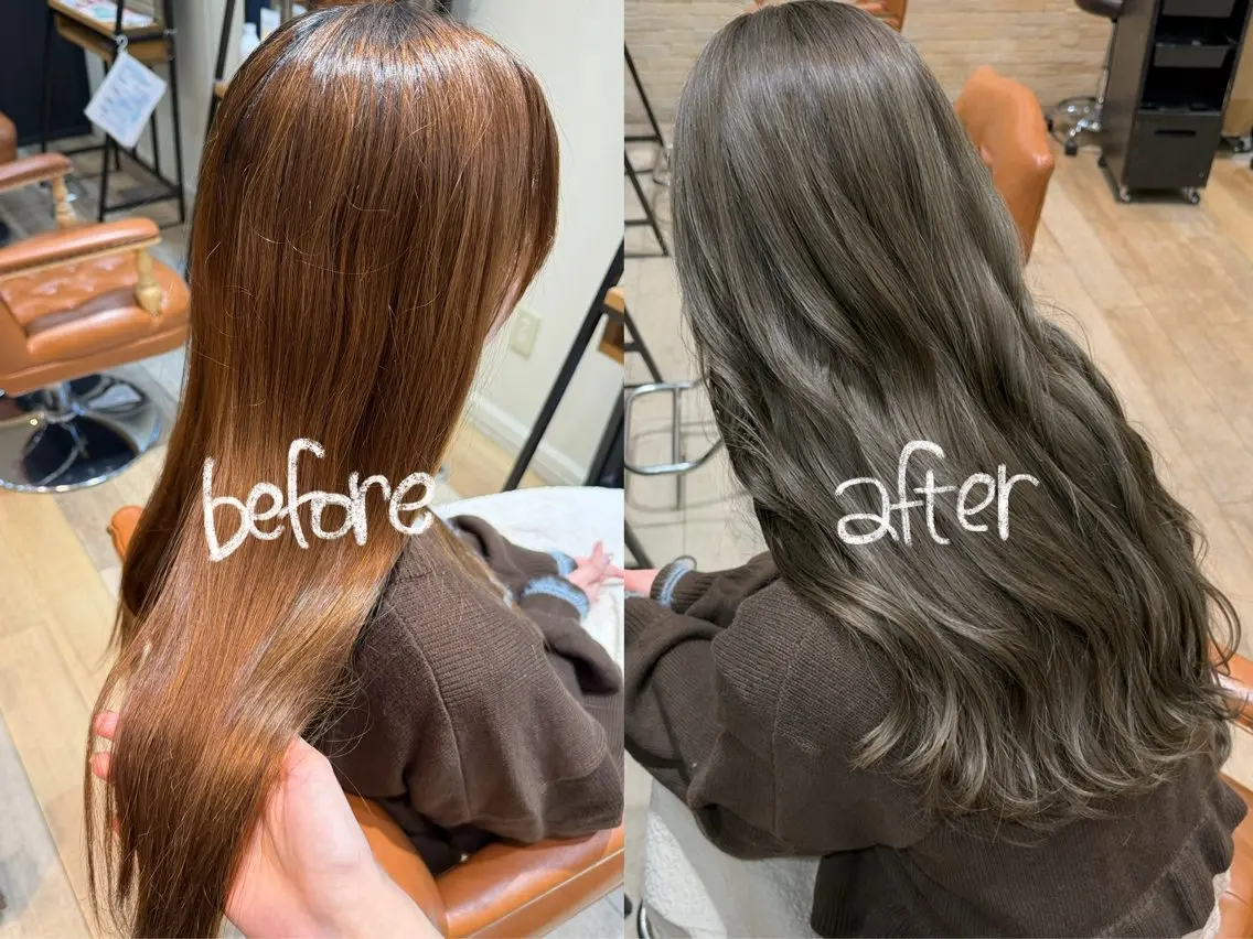 ロング カラー グレージュ オリーブグレージュ オリーブグレー カット ヘアカラー Karin／ レイヤーブリーチ🥀のヘアスタイル
