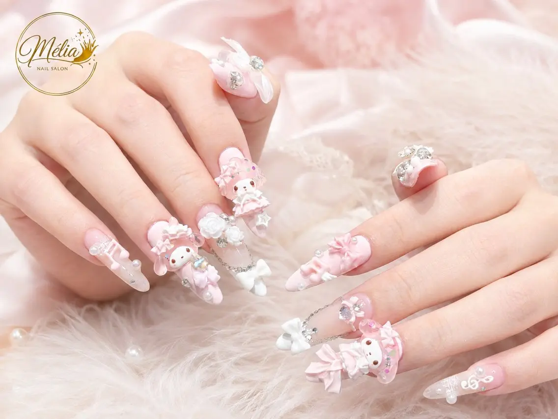 ネイル 長さ出し ガーリー 韓国ネイル ロングネイル 持ち込み ハンドネイル ハンドケア Melia Nailsのネイルデザイン