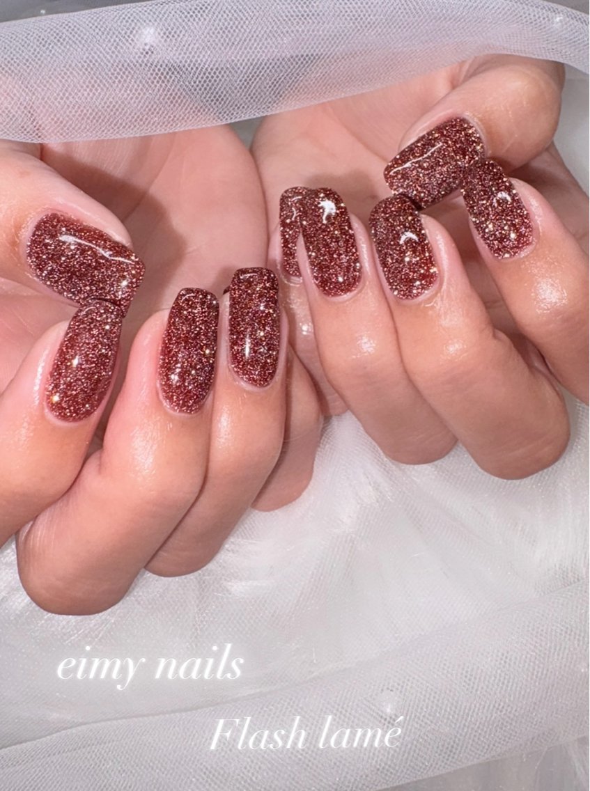 ネイル ブラウン フラッシュネイル ラメ(グリッター) ワンカラーネイル 冬ネイル ハンドネイル eimy nails♡のネイルデザイン