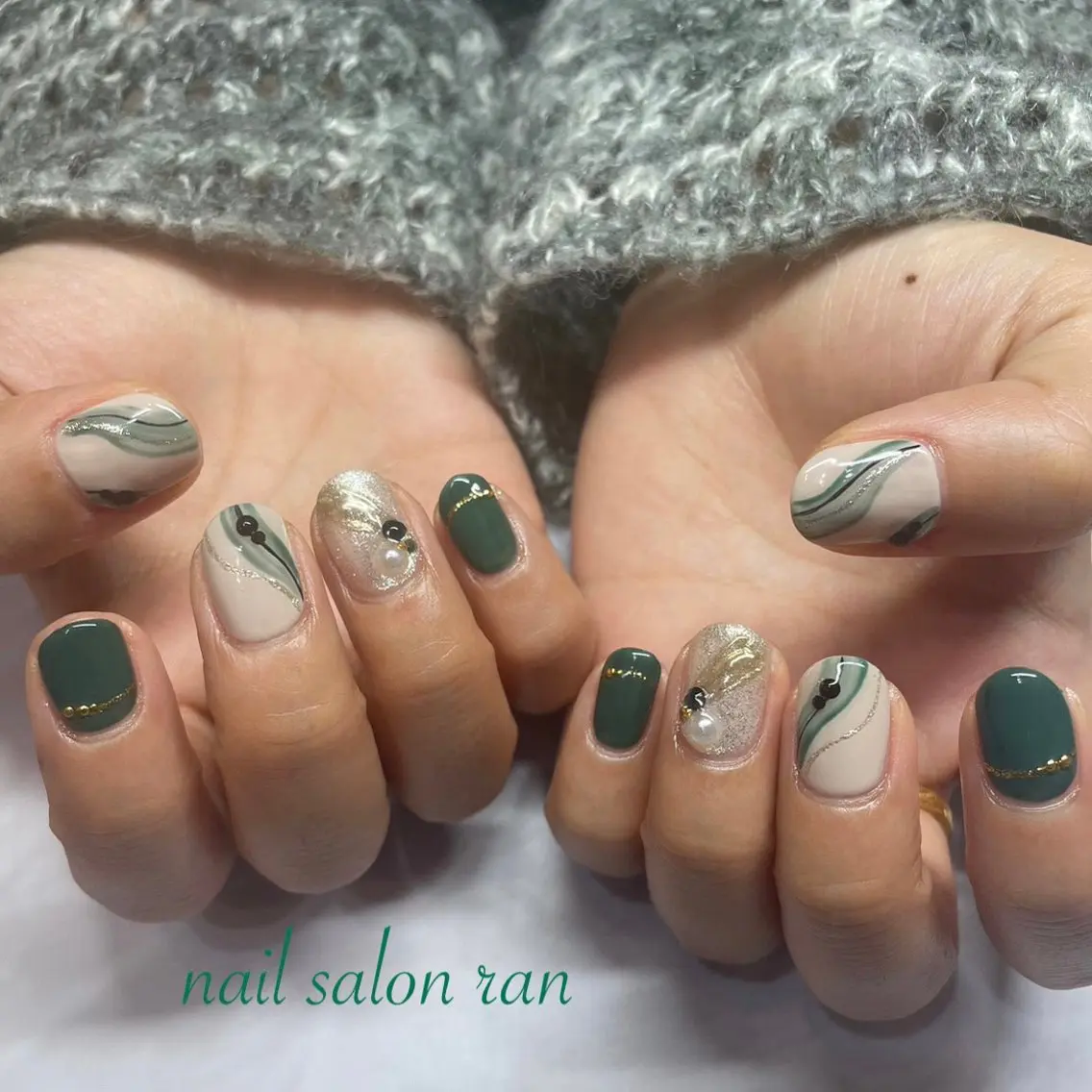 ネイル グリーン ハンドネイル ハンドケア nailsalon ranのネイルデザイン