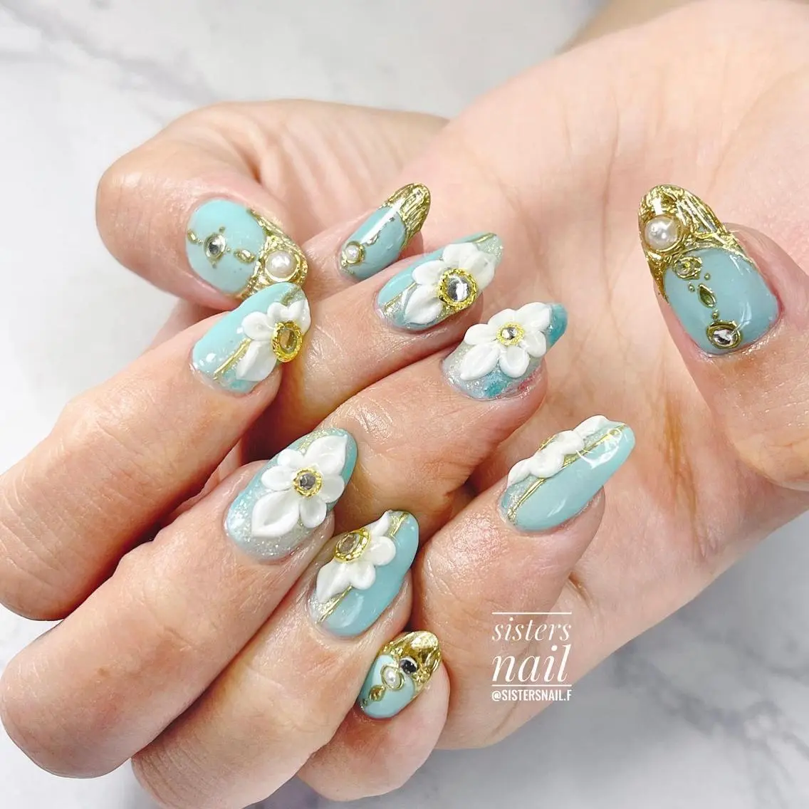 ネイル アートネイル ブルー フラワーネイル グリーン 夏ネイル sisters nail.fのネイルデザイン
