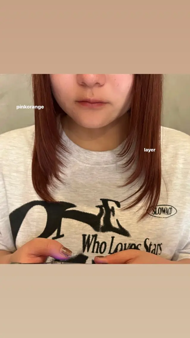 ミディアム カラー オレンジ ピンクカラー 顔まわりレイヤー レイヤーカット 💫レイヤーカット 💫ブリーチ💫サキのヘアスタイル
