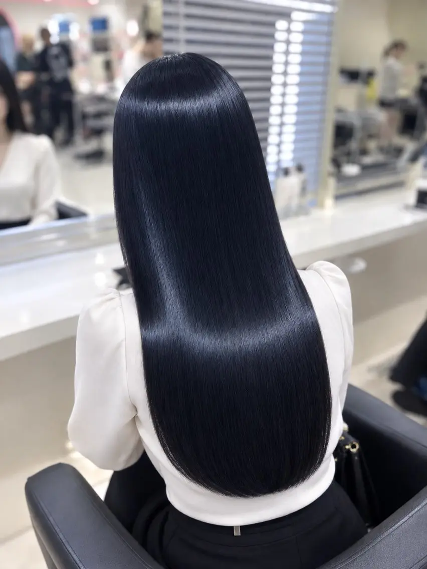 ロング 髪質改善 縮毛矯正 酸性ストレート カット ヘアカラー 縮毛矯正 縮毛矯正× ブルーブラック/池袋のヘアスタイル