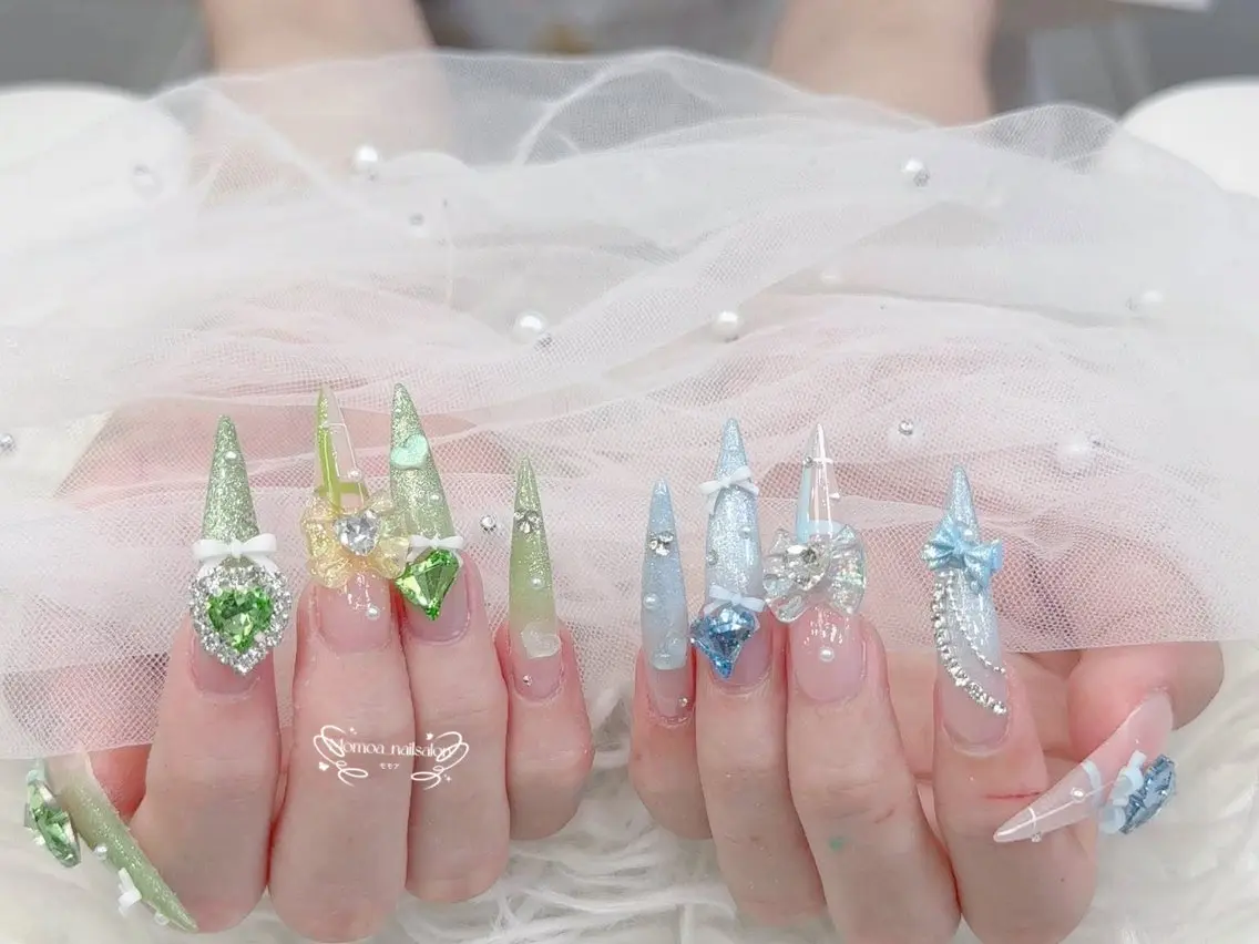ネイル 成人式 大理石ネイル(マーブル) リボン 夏ネイル ネイルチップ ハンドネイル MoMoA Nail ネイル長さ出し専門店のネイルデザイン