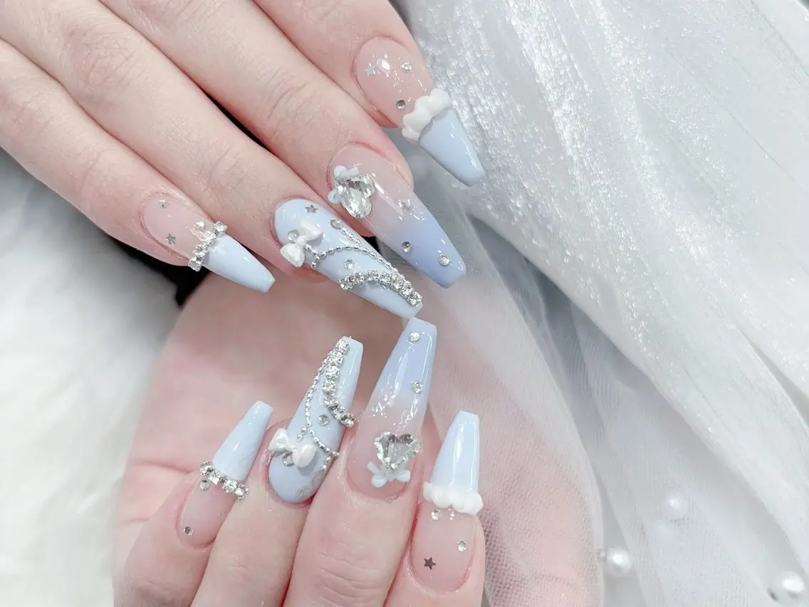 ネイル 成人式 マグネットネイル 大理石ネイル(マーブル) リボン 夏ネイル ハンドネイル MoMoA Nail ネイル長さ出し専門店のネイルデザイン