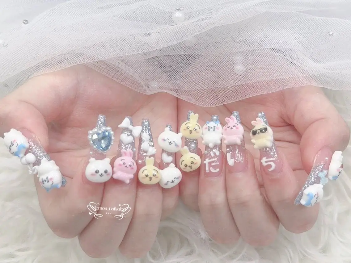 ネイル 成人式 大理石ネイル(マーブル) リボン 夏ネイル ネイルチップ ハンドネイル MoMoA Nail ネイル長さ出し専門店のネイルデザイン
