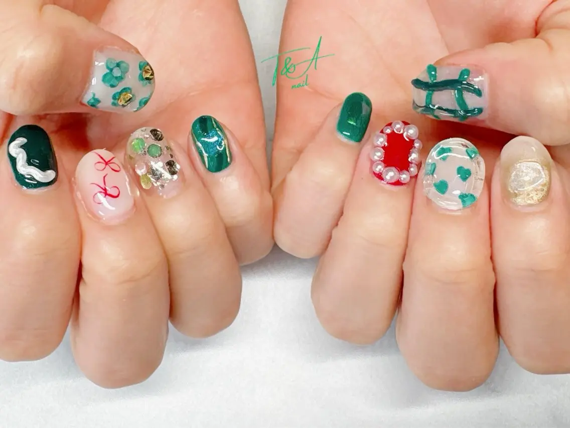 ネイル フラワーネイル ジェルネイル グリーン ニュアンスネイル リボン T&A nailのネイルデザイン