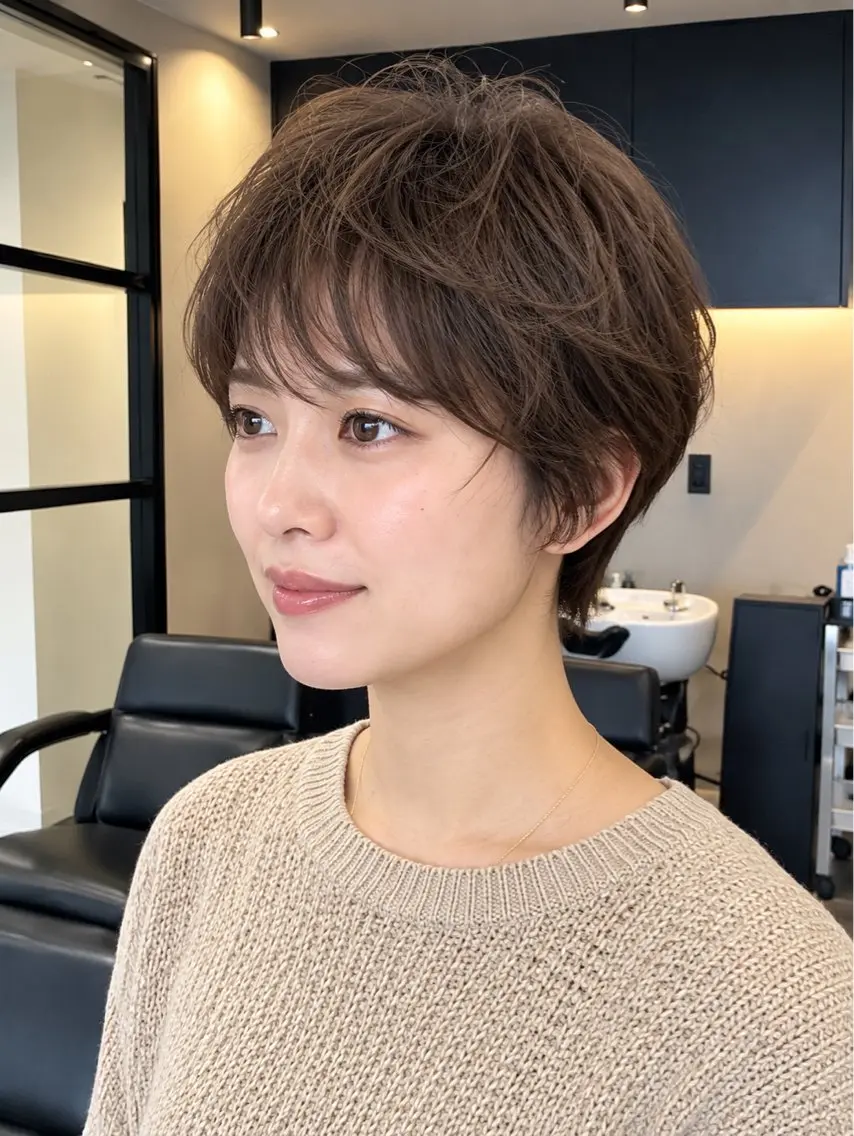 ショート カラー 丸みショート ブラウンカラー ナチュラルブラウン レイヤーカット ショートヘア カット トリートメント 縮毛矯正| 髪質改善 |白髪悩みのヘアスタイル