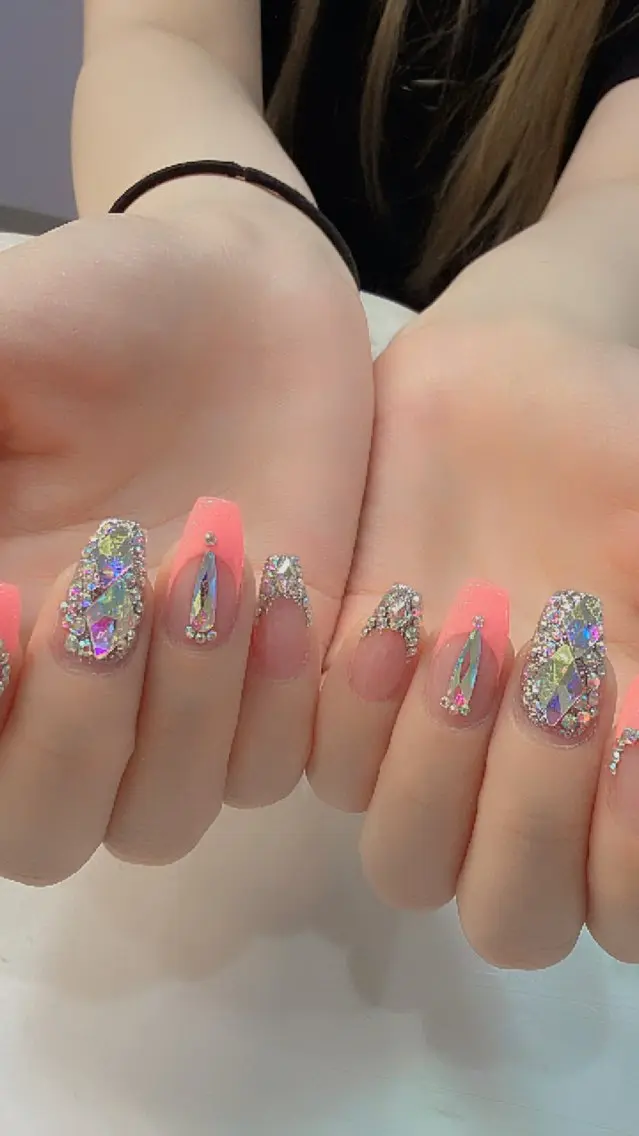 ネイル オレンジ ストーンネイル ハンドネイル 鶴橋wooone nail.rieのネイルデザイン