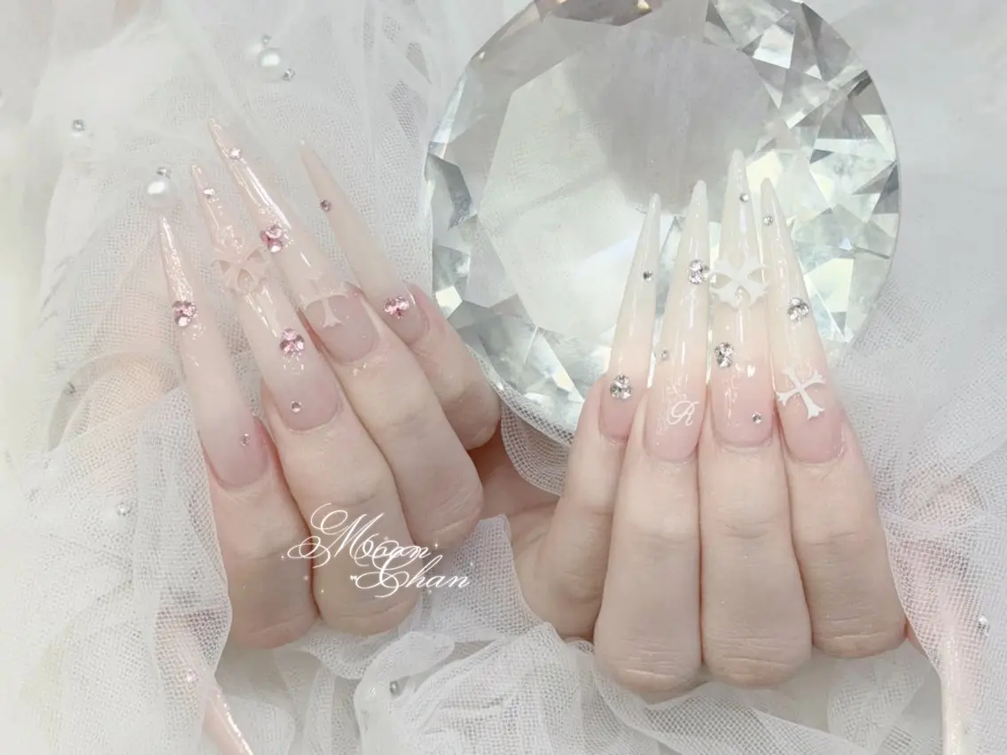 ネイル 成人式 大理石ネイル(マーブル) リボン 夏ネイル ネイルチップ ハンドネイル MoMoA Nail ネイル長さ出し専門店のネイルデザイン