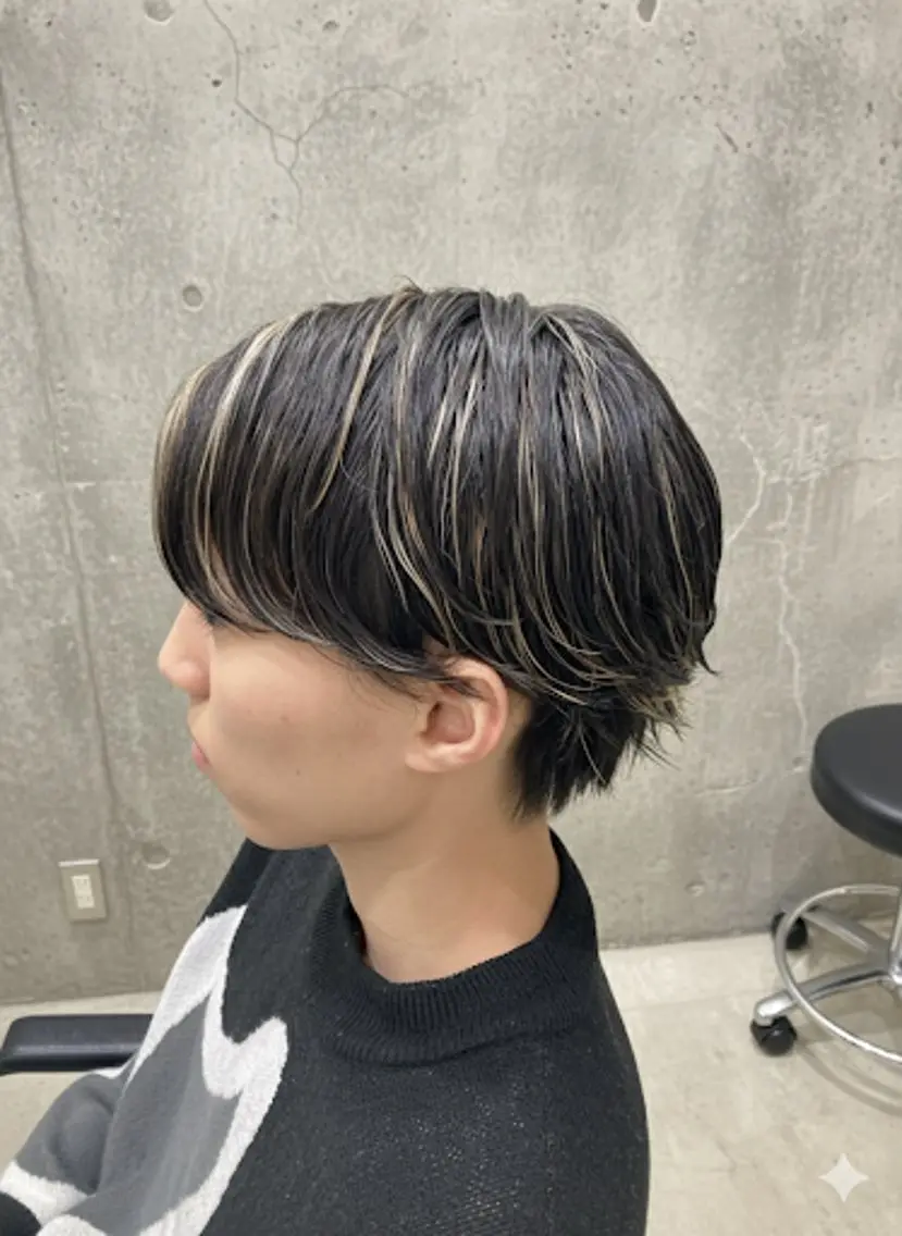 ミディアム カラー メンズ センターパート メンズハイライト ハイライトカラー ハイライト カット ヘアカラー メンズ特化パーマ/ ハイライト/比嘉のヘアスタイル