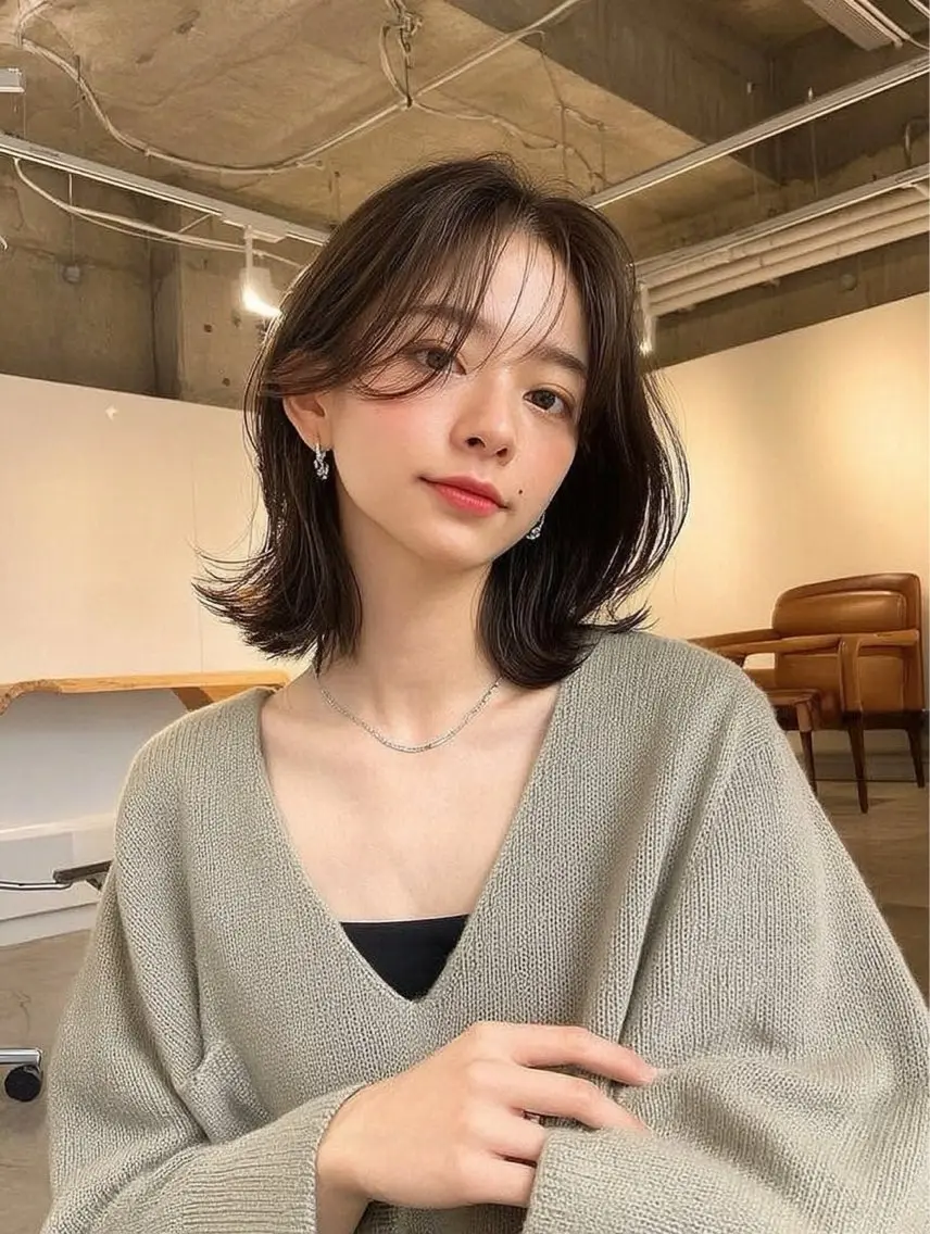 ミディアム ボブレイヤー ボブ 顔まわりレイヤー 韓国風ヘア レイヤーカット 岡田 望愛🫧のヘアスタイル