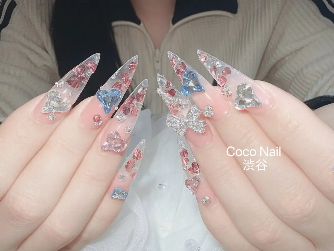 ネイル 成人式 大理石ネイル(マーブル) リボン 夏ネイル ネイルチップ ハンドネイル CoCo Nail 長さ出し専門店のネイルデザイン