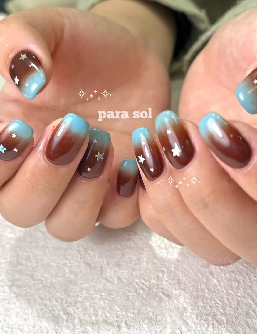 ネイル ブルー ブラウン グラデーション 水色 ハンドネイル フットネイル Para Sol nail　Maoのネイルデザイン