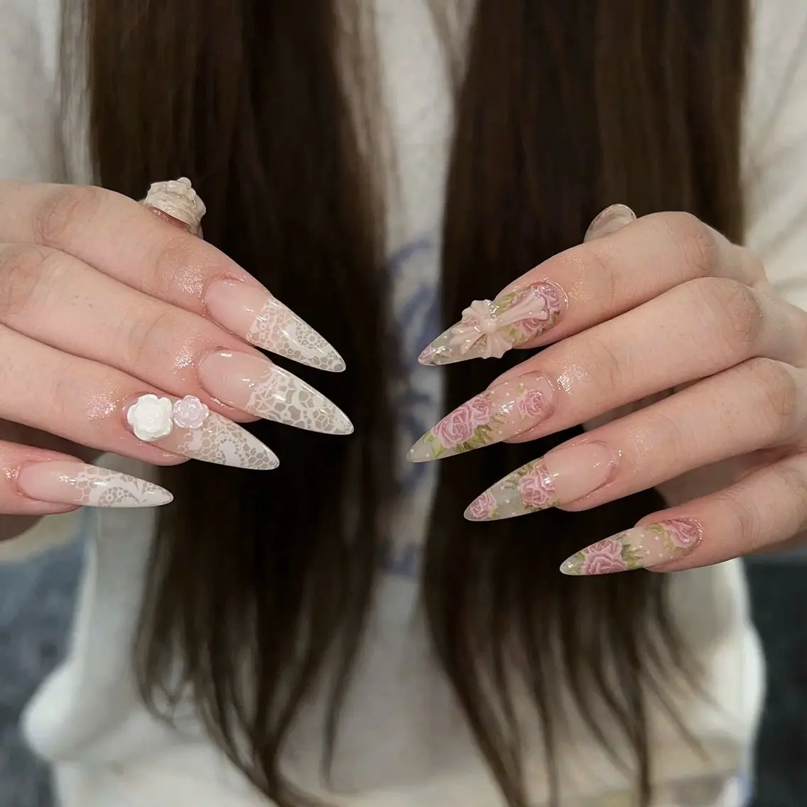 ネイル ガーリー ハート 韓国ネイル ニュアンスネイル リボン ハンドネイル Sora nail 長さ出し専門店のネイルデザイン