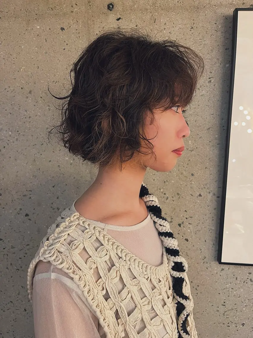 ミディアム 切りっぱなしボブ ボブレイヤー ボブ くびれヘア 韓国風ヘア 平尾薬院/IZAKI ボブ/ショート/前髪のヘアスタイル