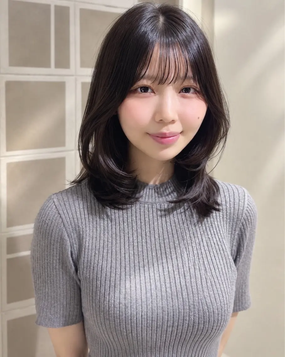 ミディアム パーマ 縮毛矯正 KURO/縮毛矯正 /髪質改善/レイヤーのヘアスタイル
