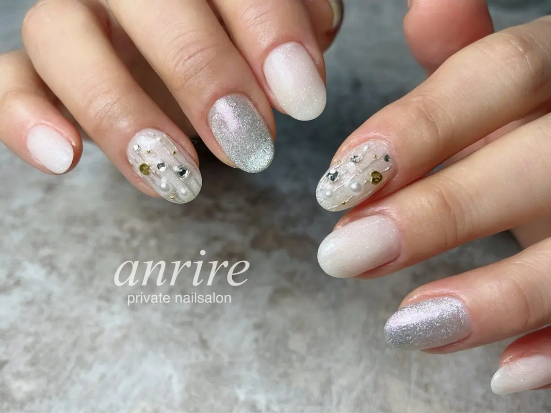 ネイル ブルー ジェルネイル ハート キラキラネイル マグネットネイル nailsalon anrireのネイルデザイン
