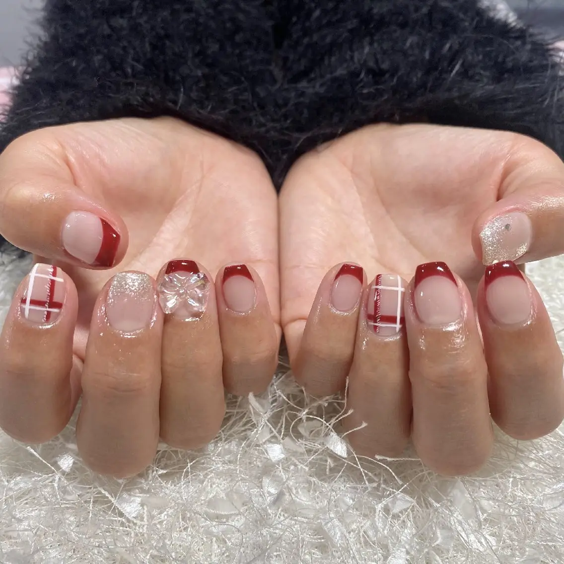 ネイル 韓国ネイル 大理石ネイル(マーブル) ニュアンスネイル リボン 冬ネイル BelireMaa Nail&eyeのネイルデザイン