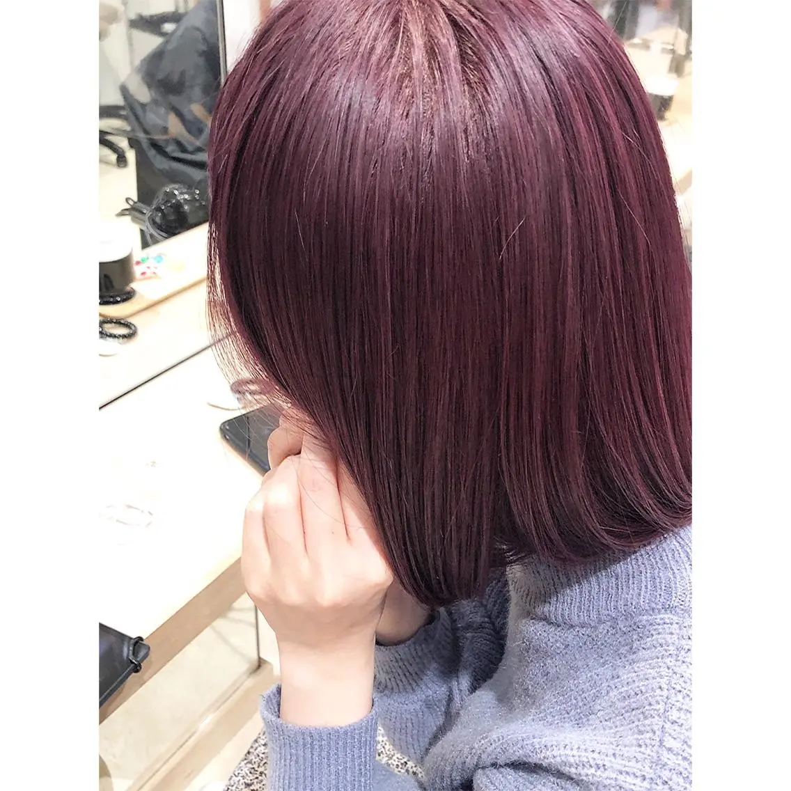 ミディアム カラー ブリーチ カシス ハイトーンカラー ピンクカラー バイオレットカラー 推しカラー✨ オタク美容師ユウカのヘアスタイル