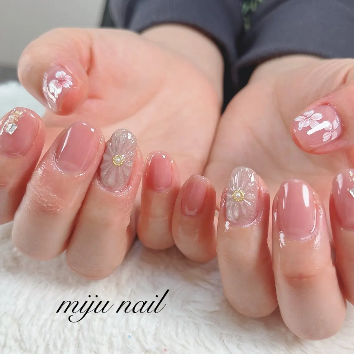 ネイル 桜ネイル フラワーネイル ぷっくりネイル ❁miju nail 大人上品/自爪育成のネイルデザイン