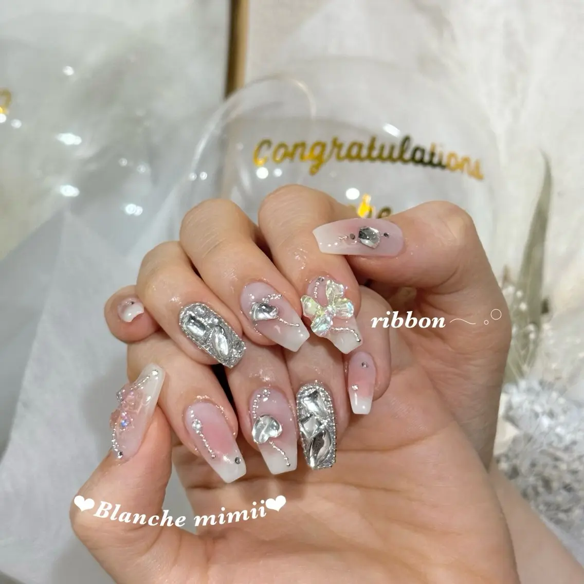 ネイル チークネイル ガーリー ハート キラキラネイル 韓国ネイル ハンドネイル Blanche Ayaのネイルデザイン