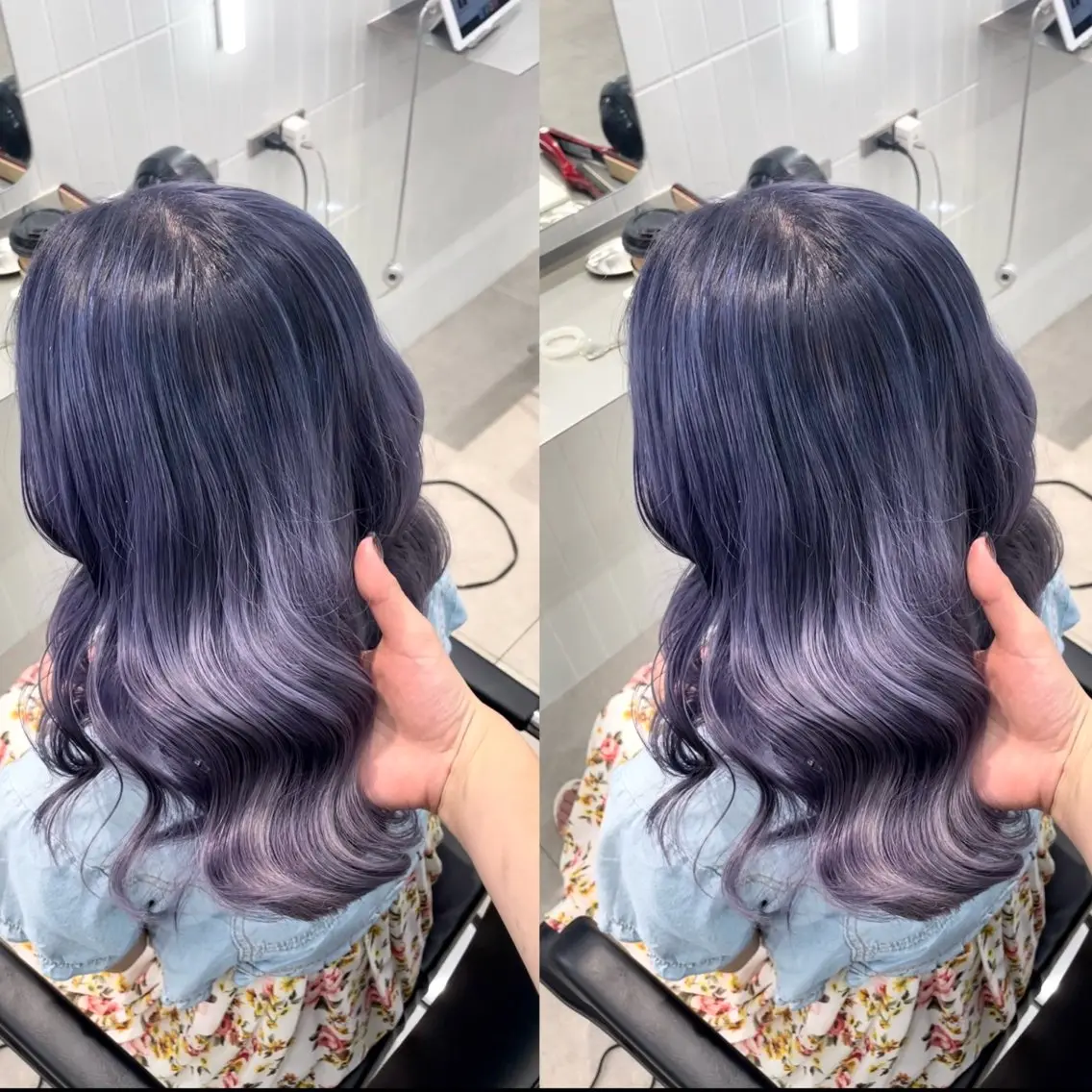 ロング カラー ベージュカラー 黒髪 ブルーカラー ブルーブラック グレージュ 表参道/ハイライト バレイヤージュのヘアスタイル