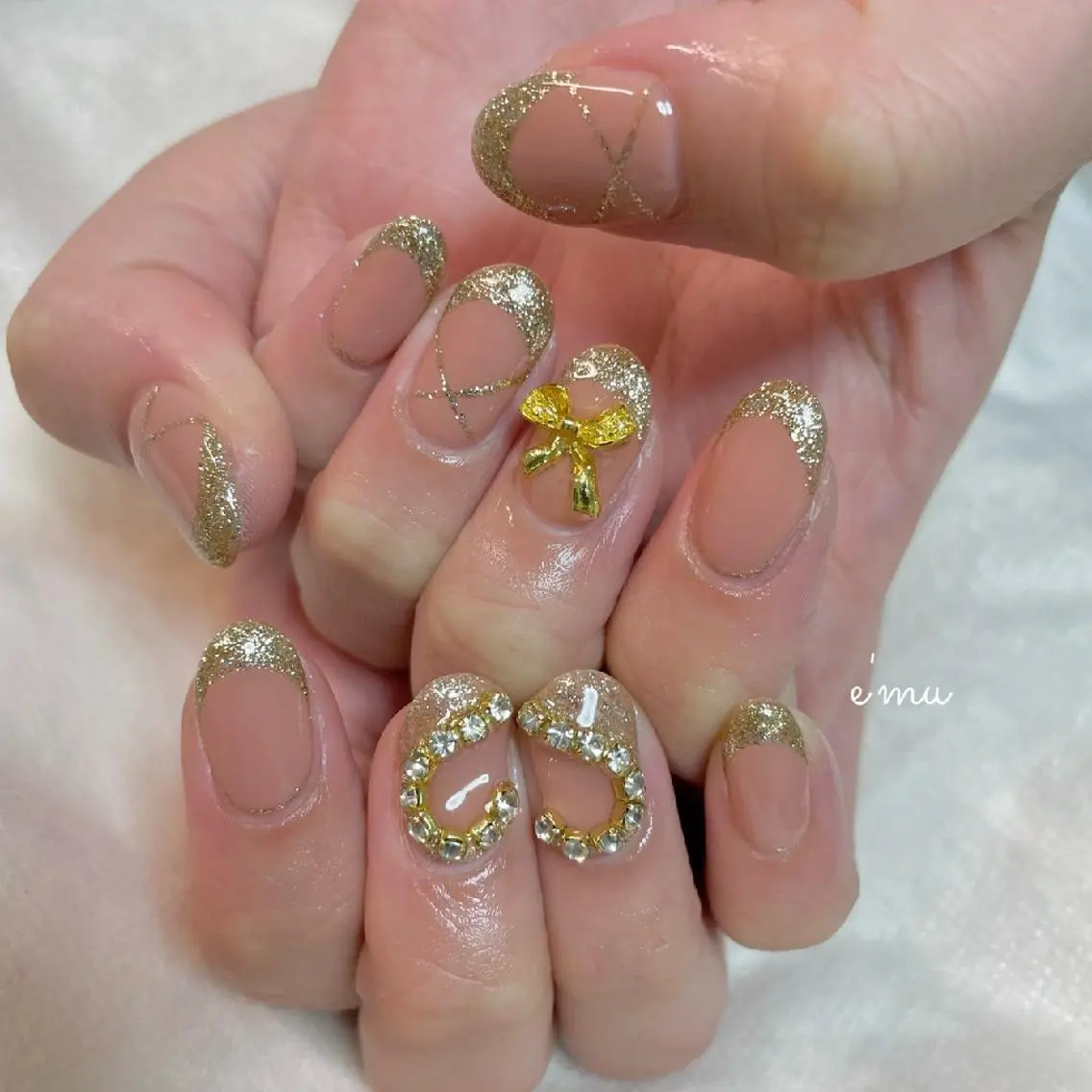 ネイル フレンチネイル ガーリー ハート ピンク リボン nail salon e'mu💐のネイルデザイン