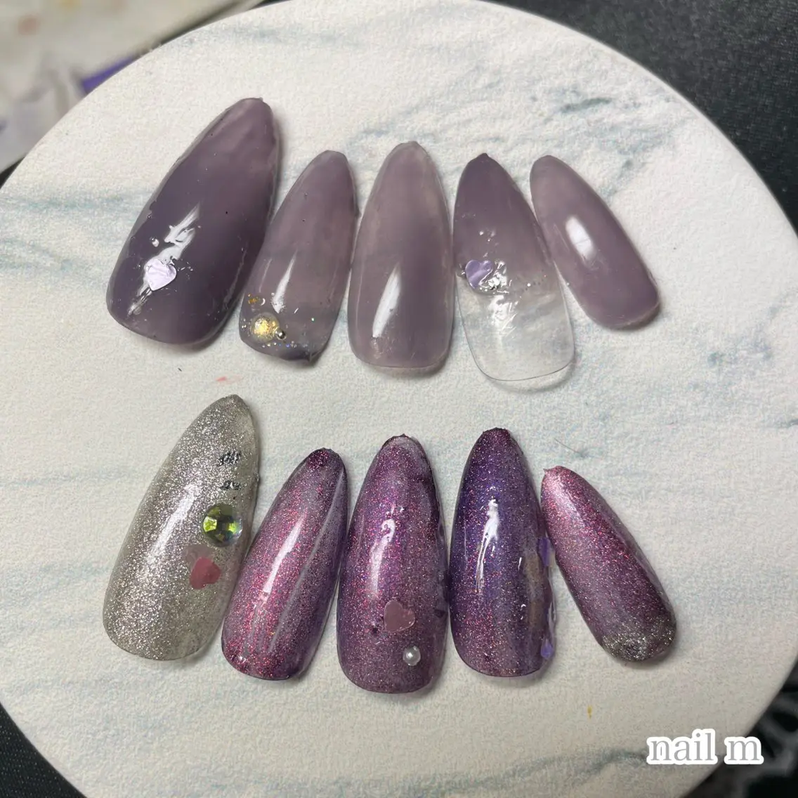 ネイル フレンチネイル ハート マグネットネイル パープル バレンタイン ハンドネイル NAIL★M 真紀のネイルデザイン