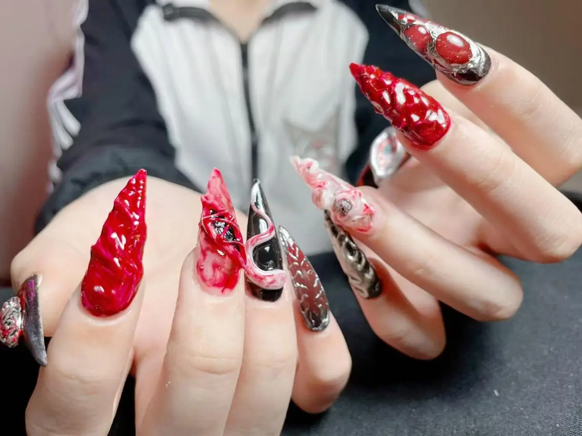 ネイル 成人式 マグネットネイル 大理石ネイル(マーブル) リボン 夏ネイル ハンドネイル K.bi_nail ネイル長さ出し専門店のネイルデザイン
