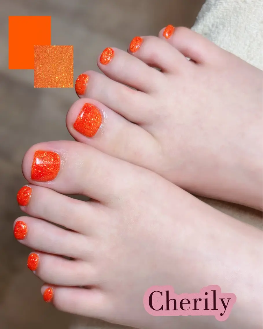 ネイル ラメ(グリッター) オレンジ フットネイル CHERILY SAKURAのネイルデザイン