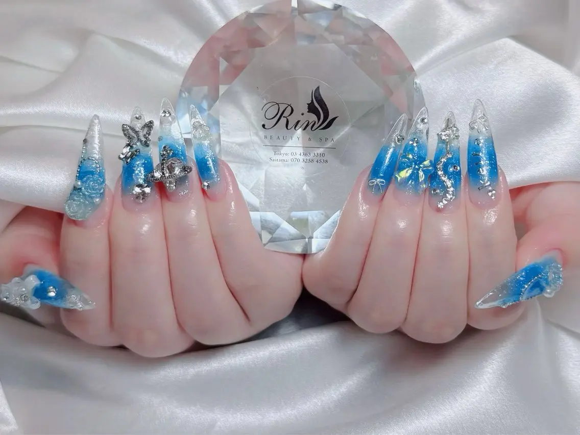 ネイル ブルー ジェルネイル ガーリー グラデーション グリーン ハンドネイル Rin Nail 新大久保店のネイルデザイン