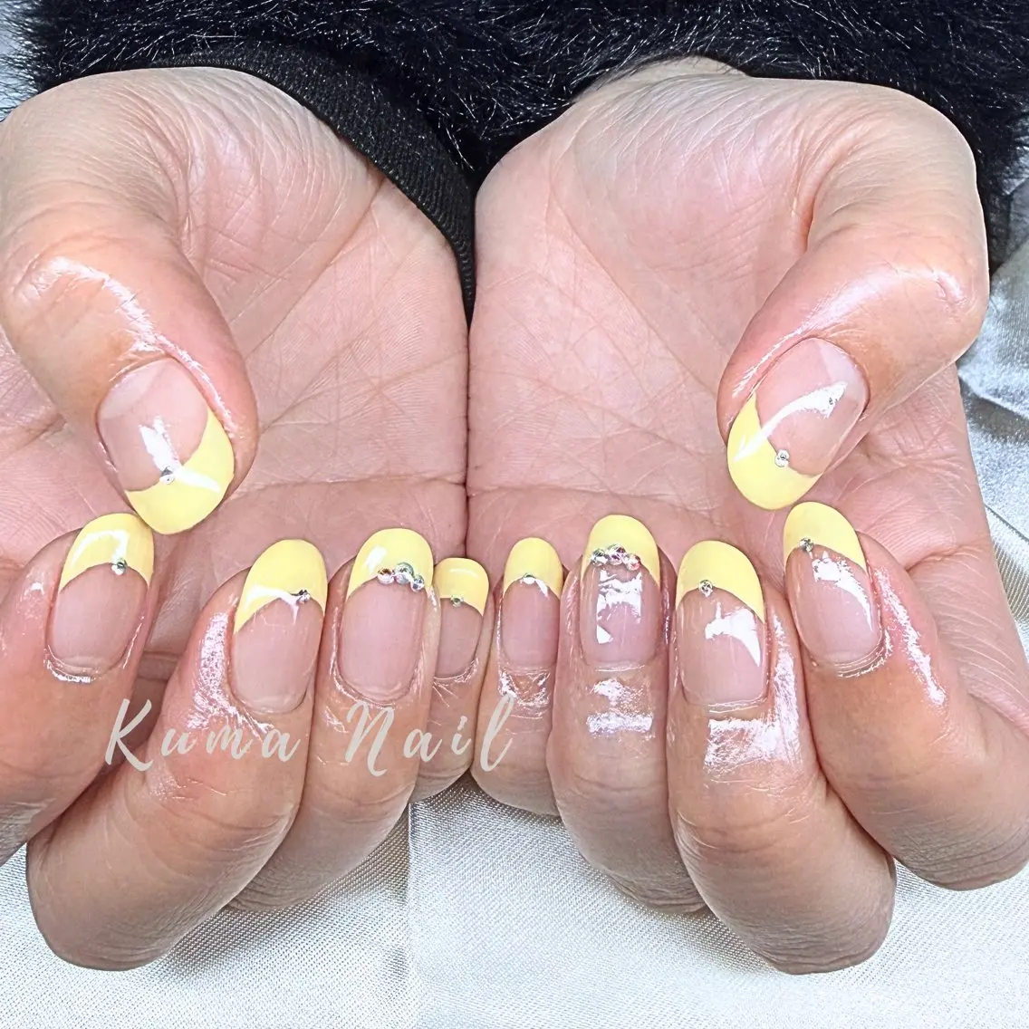 ネイル クリアネイル フレンチネイル シンプルネイル 春ネイル 黄色 ハンドネイル 藤が丘ネイル Kuma Nailのネイルデザイン
