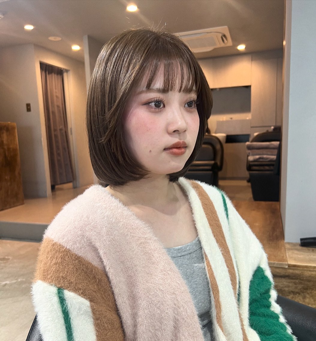 ミディアム カラー カット ヘアカラー トリートメント akane/オリーブ /ボブパーマのヘアスタイル