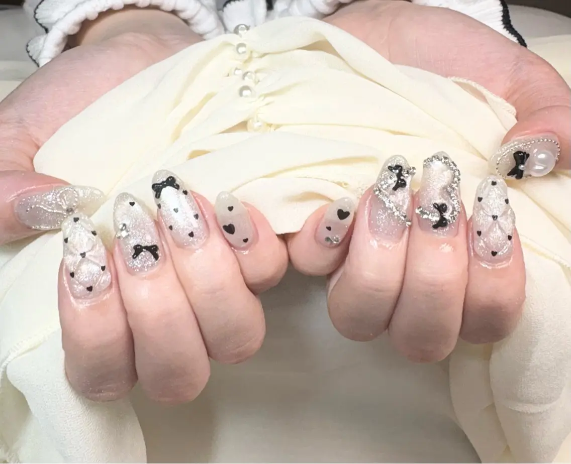 ネイル ドット ハート 韓国ネイル リボン ハンドネイル ✨韓国✨nail salonLumieのネイルデザイン